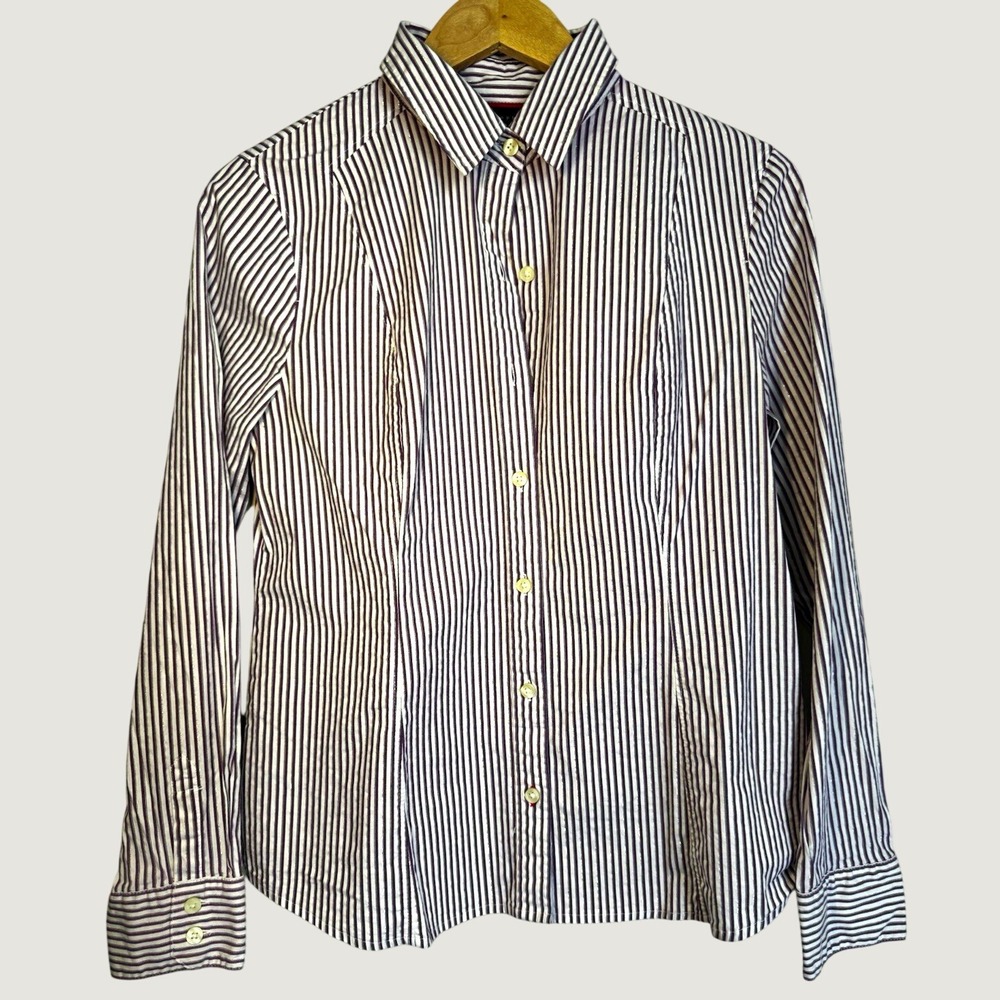 Apostrophe Womens Purple White Striped Button Down Shirt Metallic Accents Large
